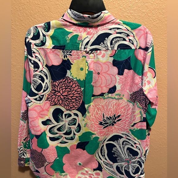 Talbots Petites Floral Print Collared Blouse Swing Top 1/4 Button Front PXL - Picture 5 of 12